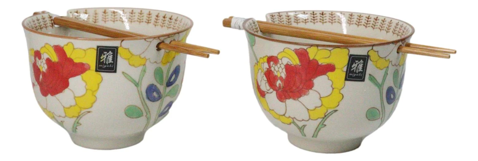 Pack Of 2 Ceramic Ramen Donburi Noodles Bowl & Chopsticks Set Spring Flower Bloom - Image 7