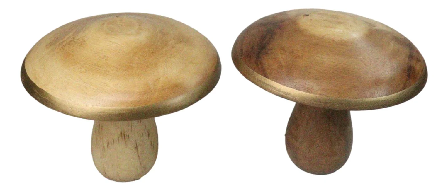 Pack Of 2 Rustic Handcrafted Hardwood Acacia Mushrooms With Golden Edge Decors - Image 3