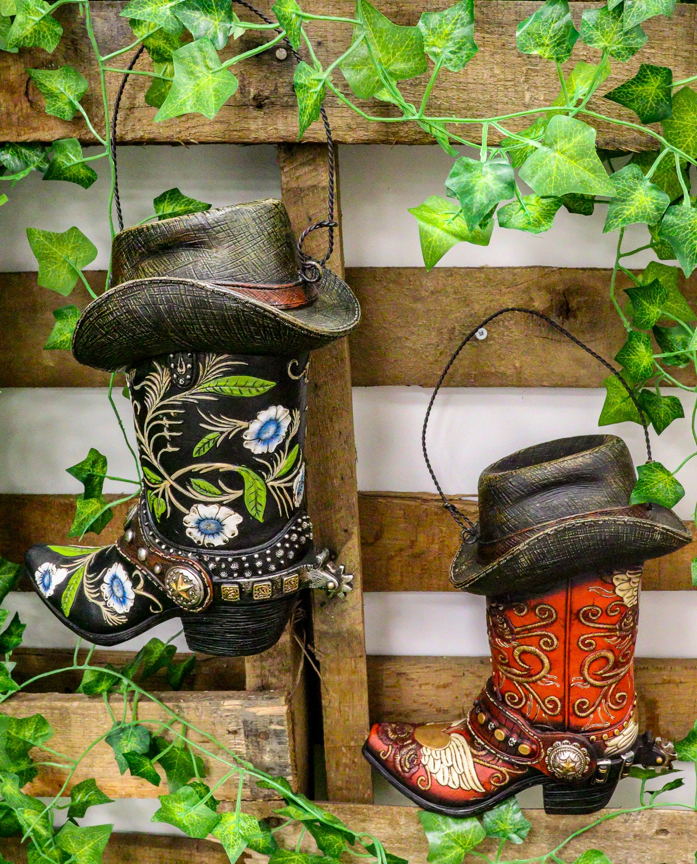 Pack Of 2 Western Red And Black Floral Cowboy Boots Birdhouse Bird Feeder Hanger