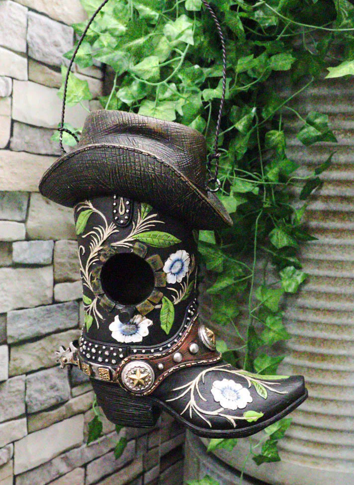 Pack Of 2 Western Red And Black Floral Cowboy Boots Birdhouse Bird Feeder Hanger - Image 3