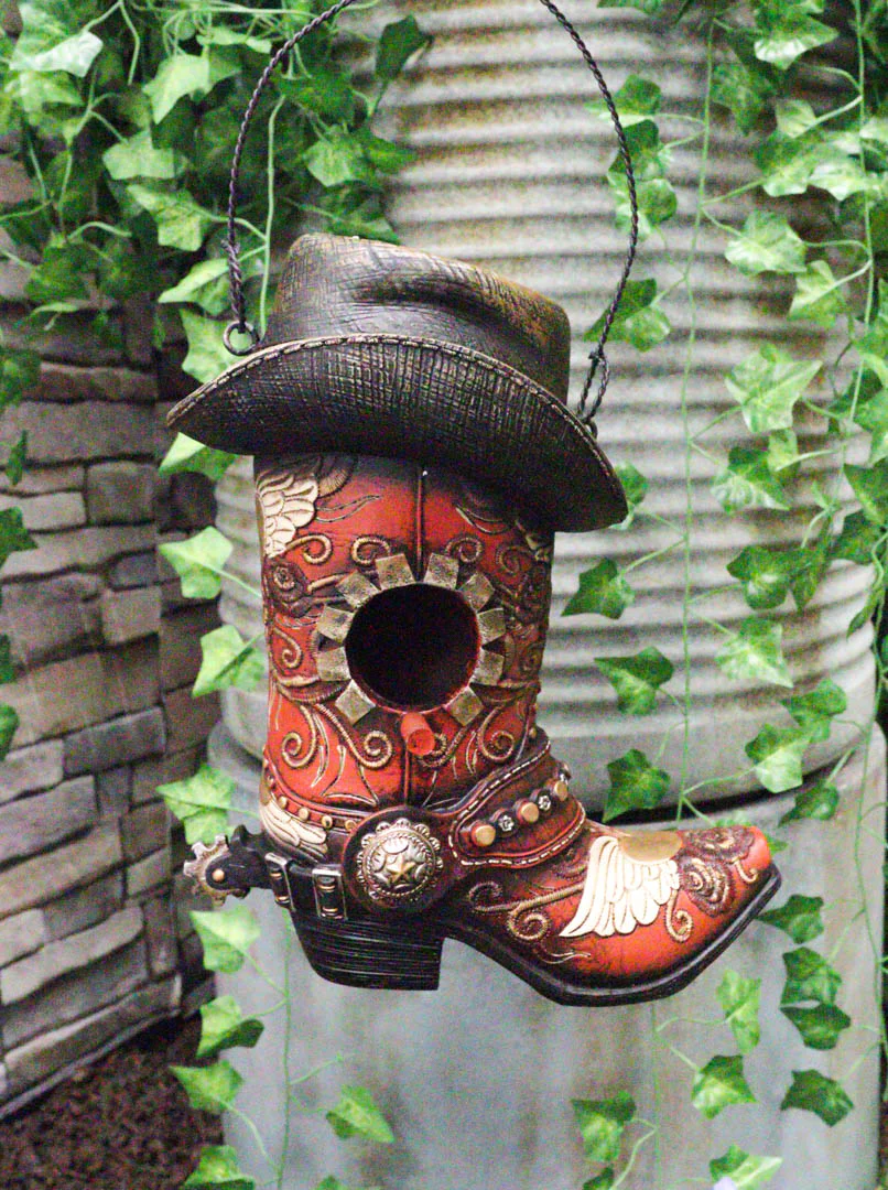Pack Of 2 Western Red And Black Floral Cowboy Boots Birdhouse Bird Feeder Hanger - Image 5