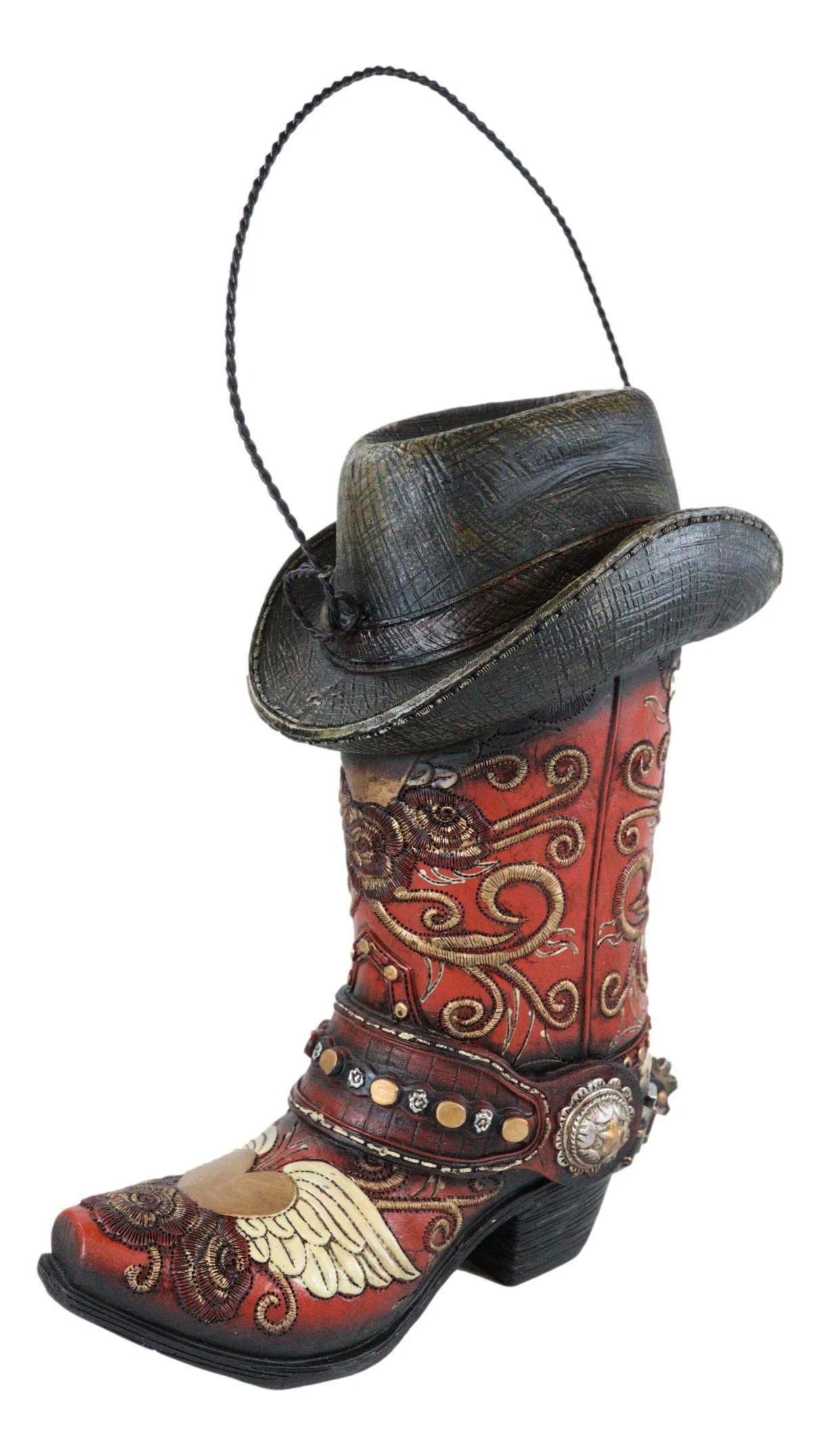 Pack Of 2 Western Red And Black Floral Cowboy Boots Birdhouse Bird Feeder Hanger - Image 6