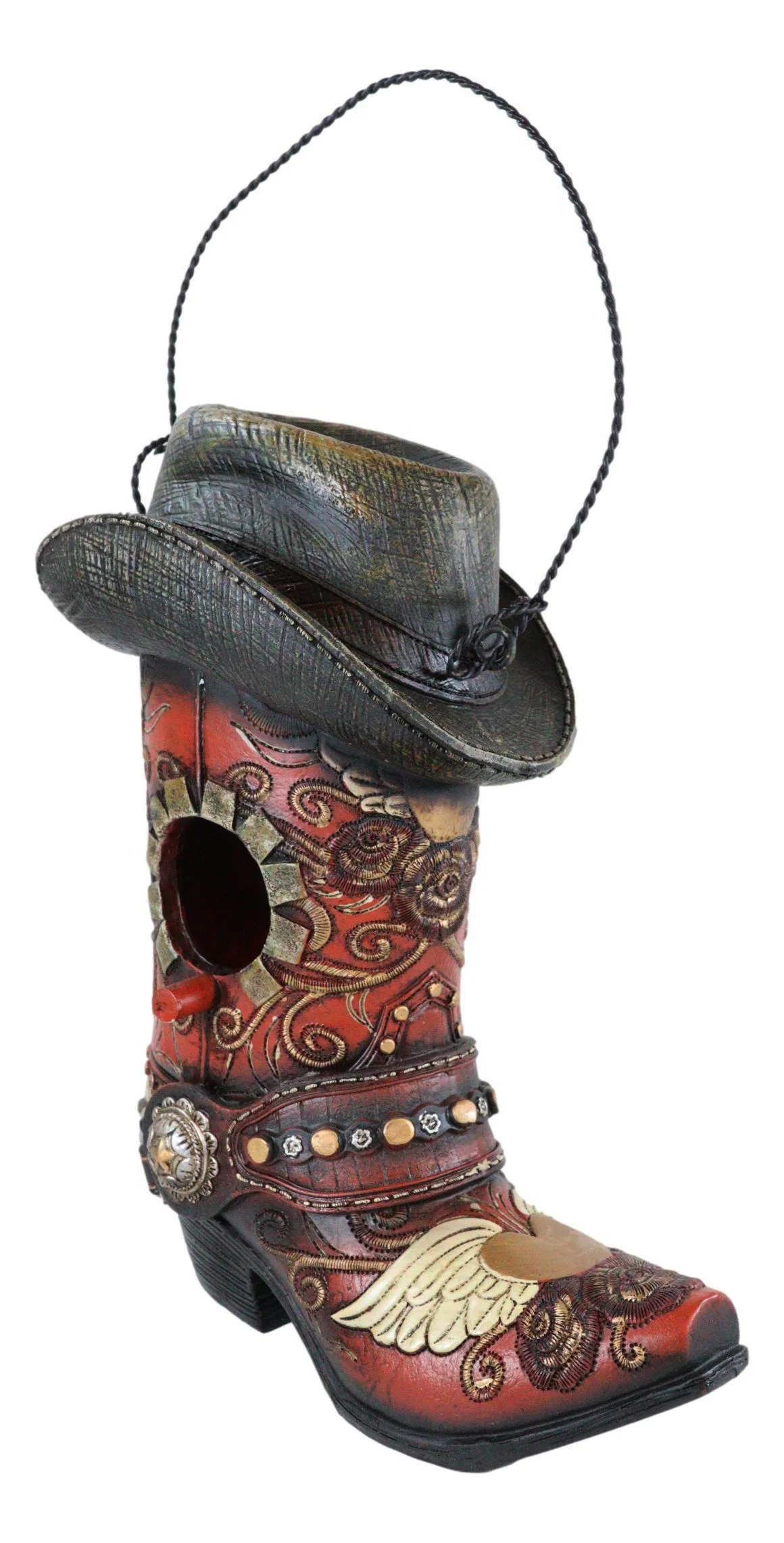 Pack Of 2 Western Red And Black Floral Cowboy Boots Birdhouse Bird Feeder Hanger - Image 7