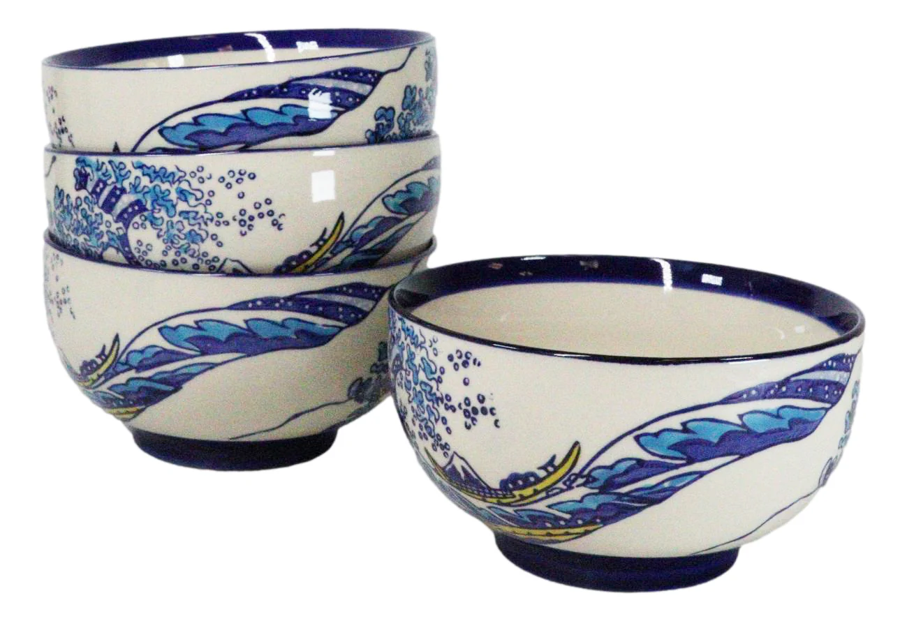 Pack Of 4 Blue Japanese Hokusai Great Wave Ceramic Soup Rice Salad Bowls 22oz - Image 4