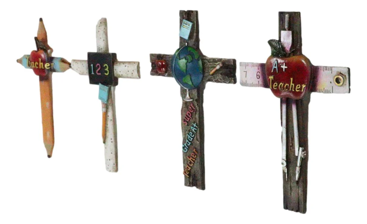 Pack Of 4 Novelty Educational Teacher Apple Math 123 Globe Pencils Wall Crosses - Image 4