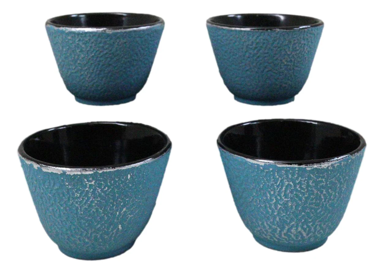 Pack Of 4 Sky Blue Traditional Cast Iron Tetsubin Textured Surface Tea Cups 3oz - Image 3