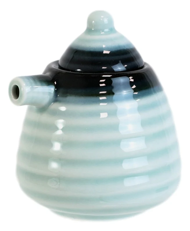 Pack Of 4 Zen Blue Ceramic Soy Ponzu Sauce Or Oil Dispensers Holder With Lid - Image 5