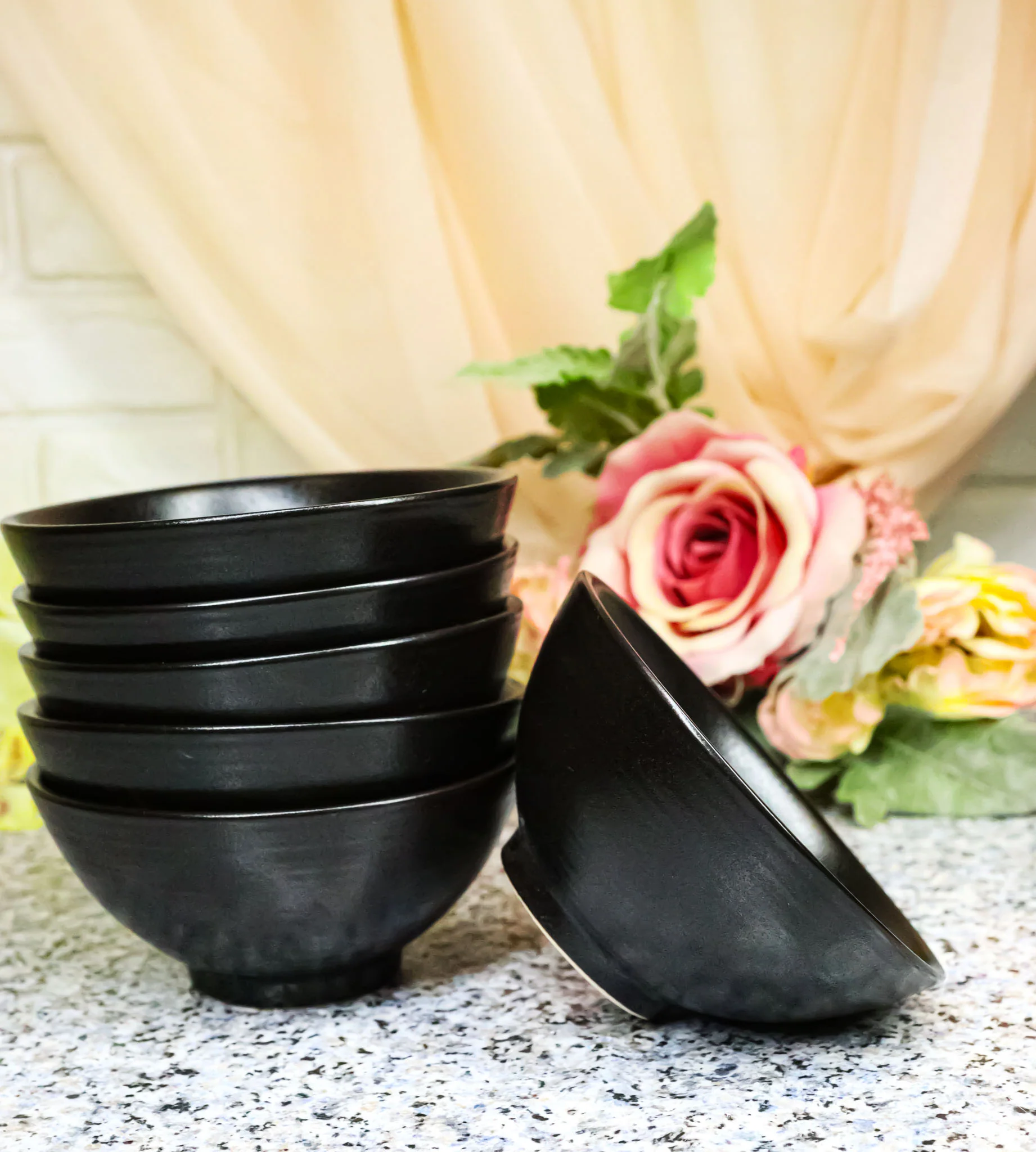 Pack Of 6 Black Kokuyo Minimalist Ceramic Small Rice Soup Appetizer Bowls 10oz - Image 9