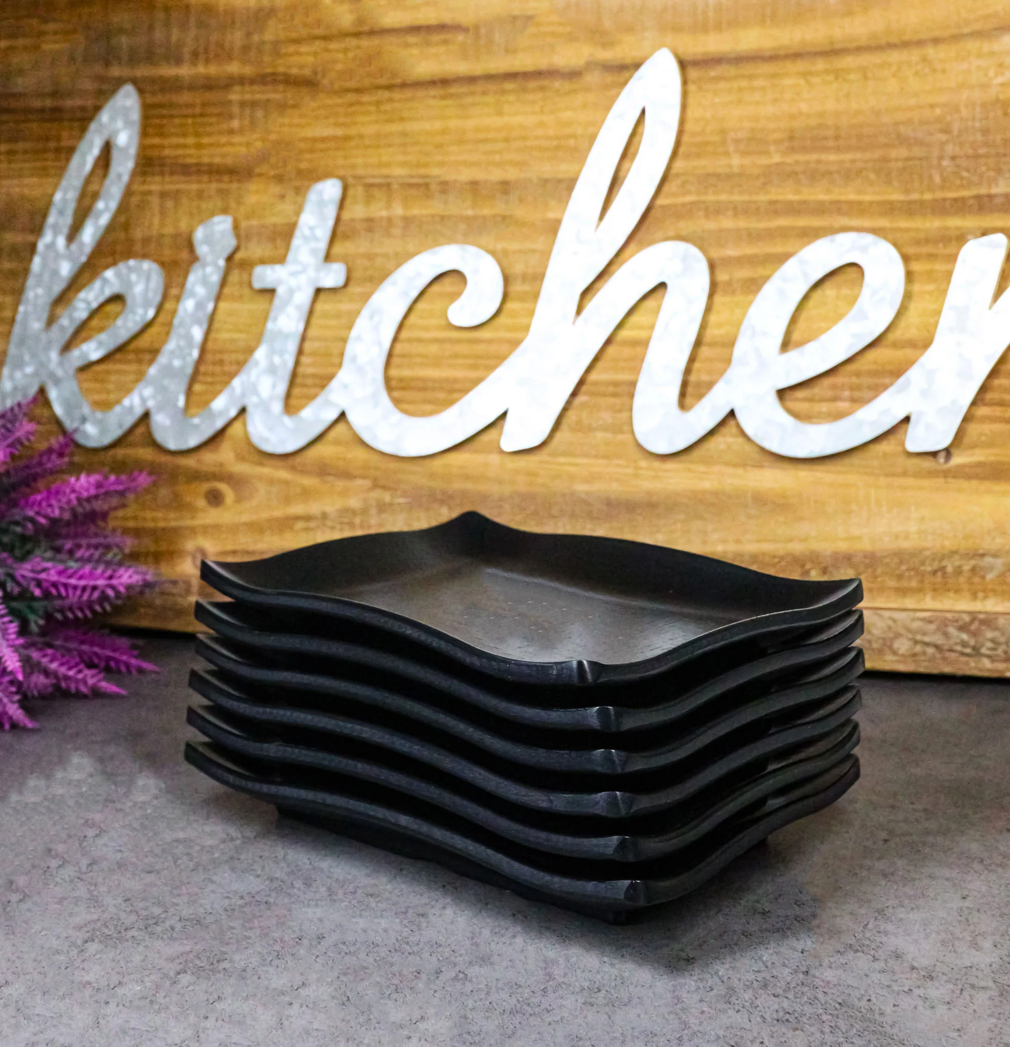 Pack Of 6 Black Silk Melamine Rectangular Wavy Buffet Lunch Sushi Plates 6.75"L - Image 10