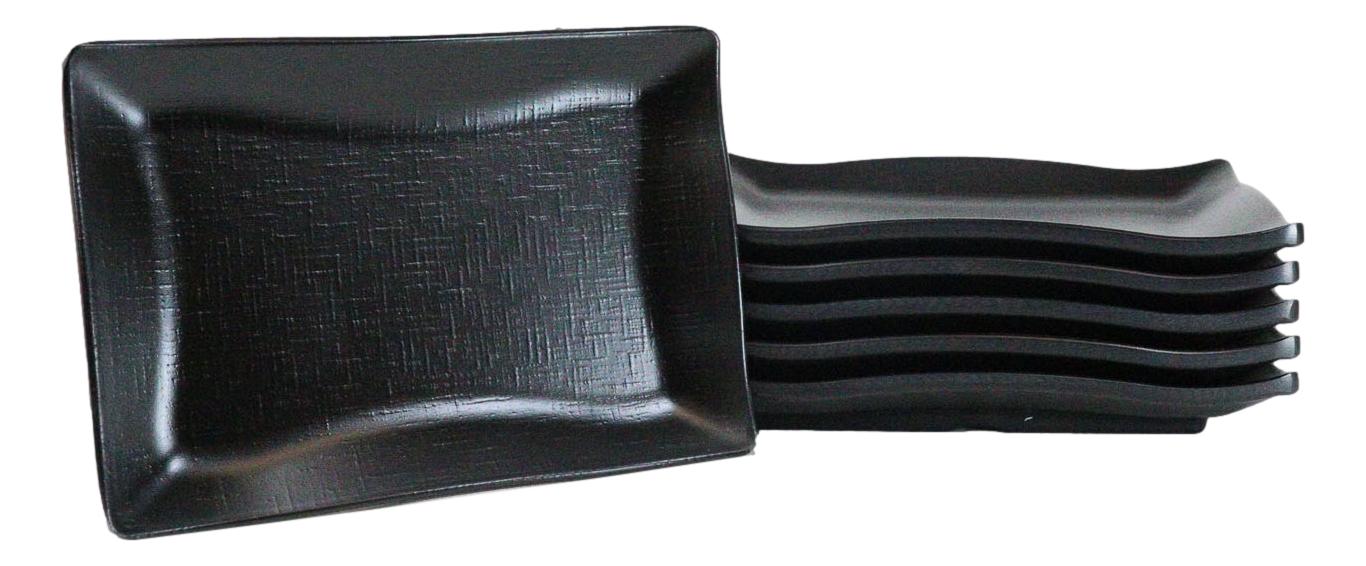 Pack Of 6 Black Silk Melamine Rectangular Wavy Buffet Lunch Sushi Plates 6.75"L - Image 2