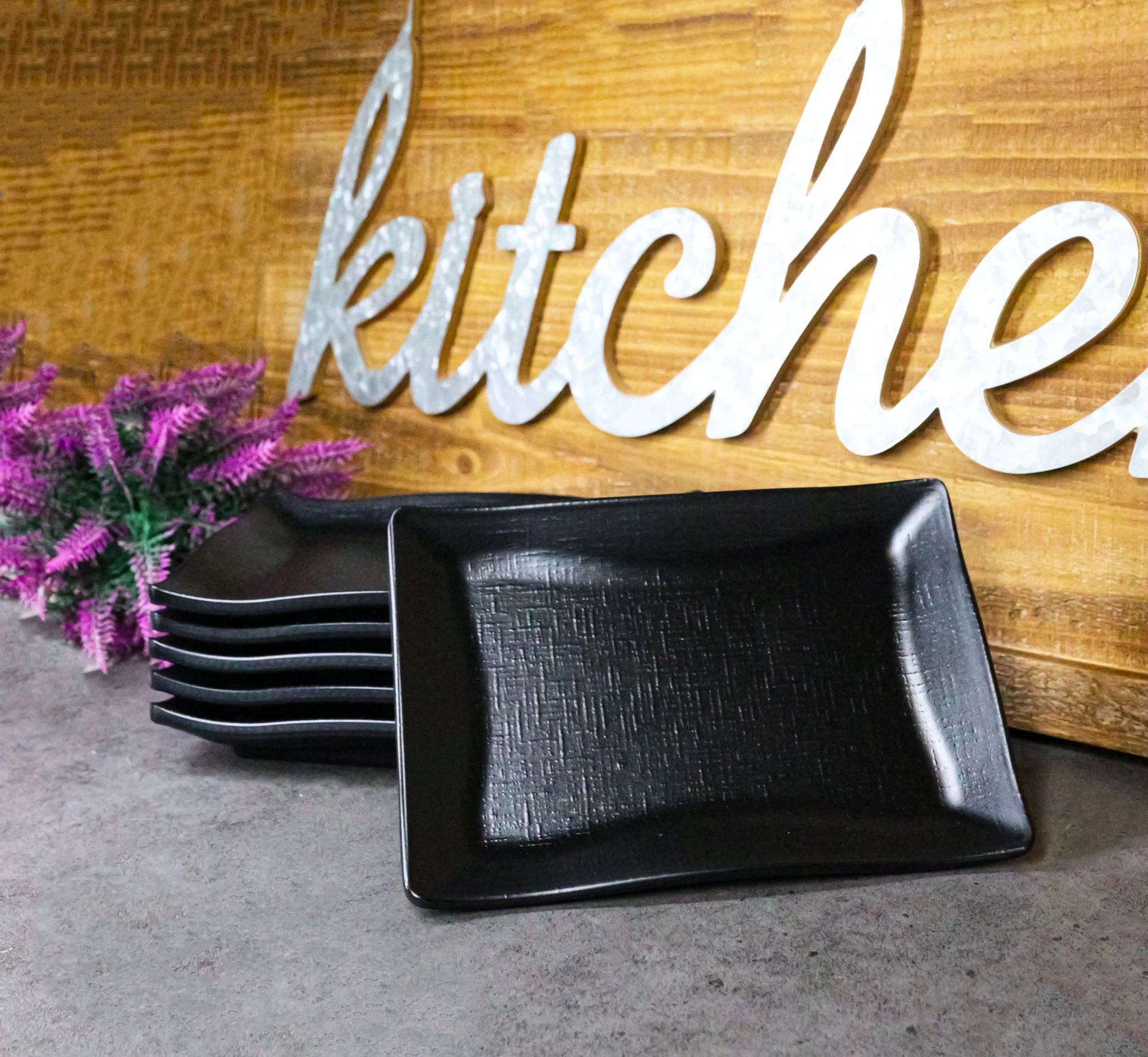 Pack Of 6 Black Silk Melamine Rectangular Wavy Buffet Lunch Sushi Plates 6.75"L - Image 9