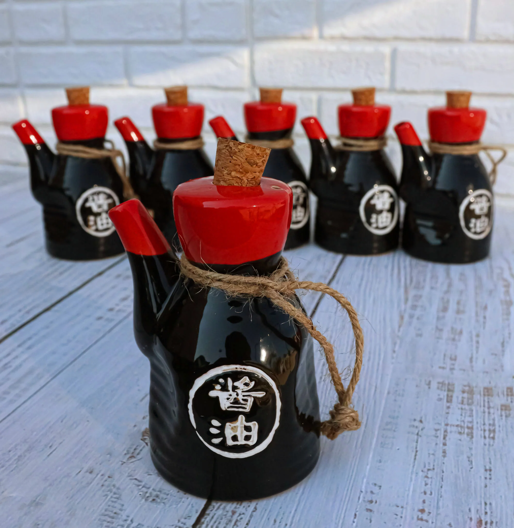 Pack of 6 Porcelain Calligraphy Soy Sauce Vinegar Condiment Dispenser Flask 7oz - Image 10