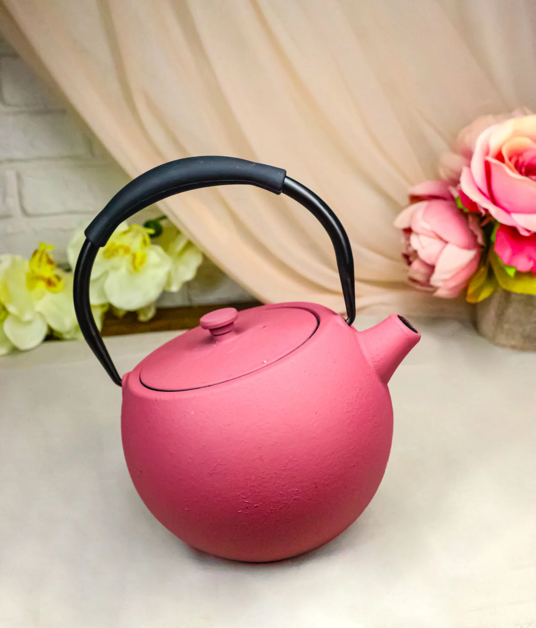 Pastel Pink Minimalistic Tilted Round Cast Iron Teapot 28oz Tea Pot With Handle - Image 8