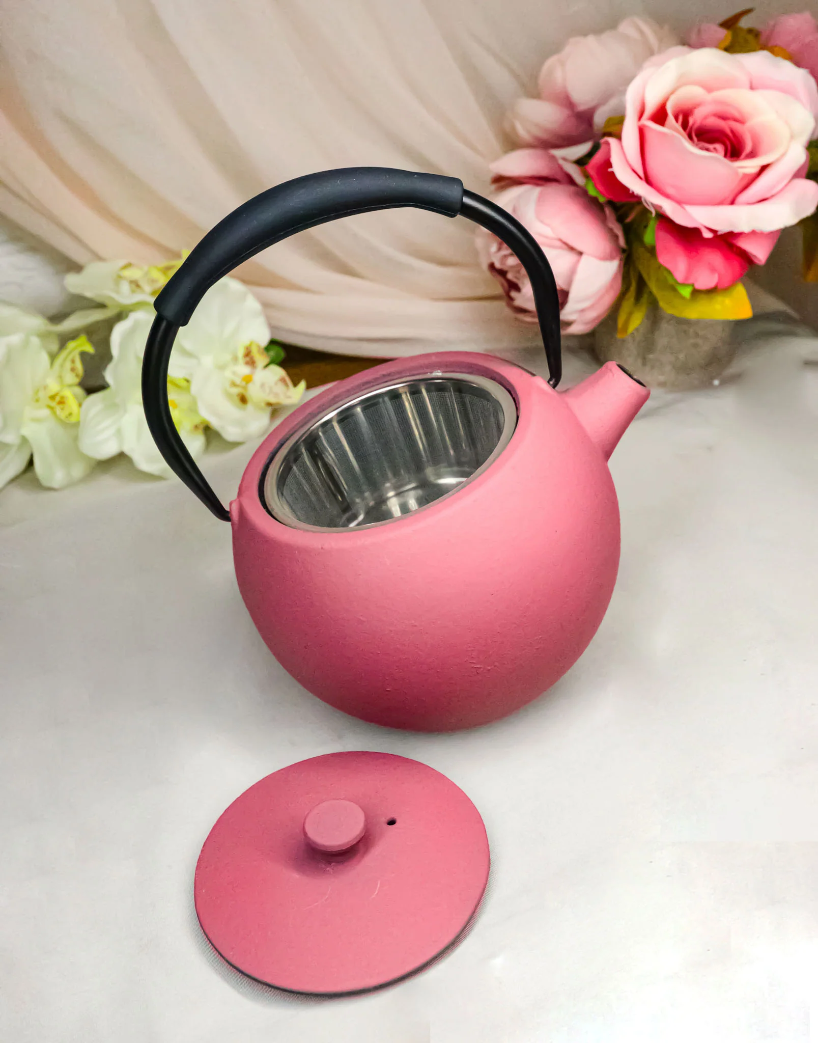 Pastel Pink Minimalistic Tilted Round Cast Iron Teapot 28oz Tea Pot With Handle - Image 9