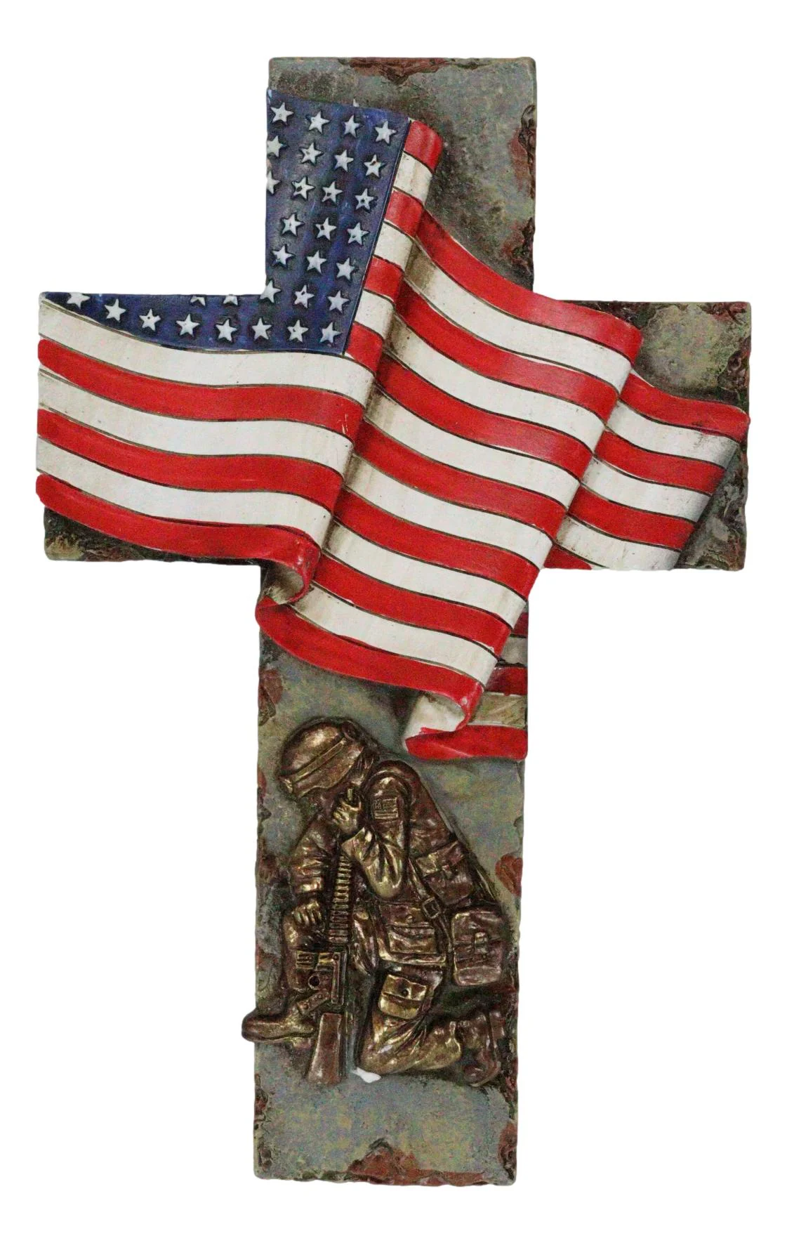 Patriotic Battlefield Kneeling Soldier In Prayer With American Flag Wall Cross - Image 3