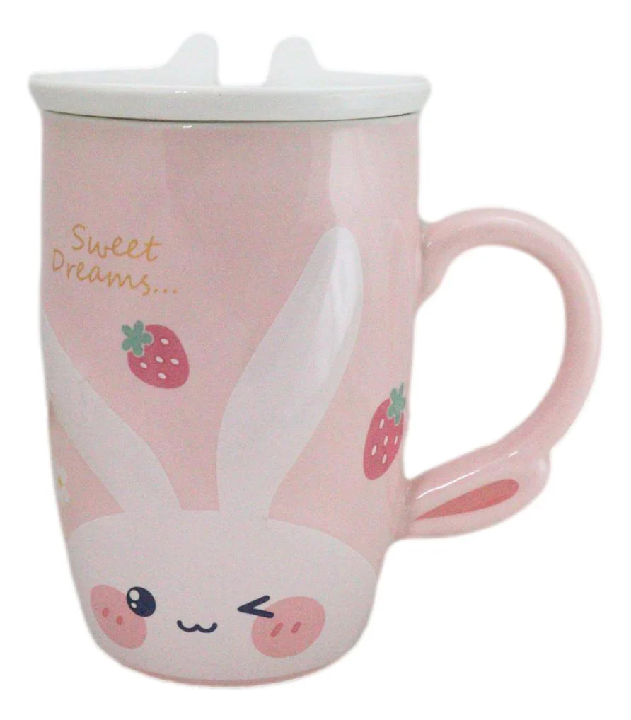 Pink Bunny Rabbit Strawberries Sweet Dreams Ceramic Mug With Lid And Spoon - Image 7
