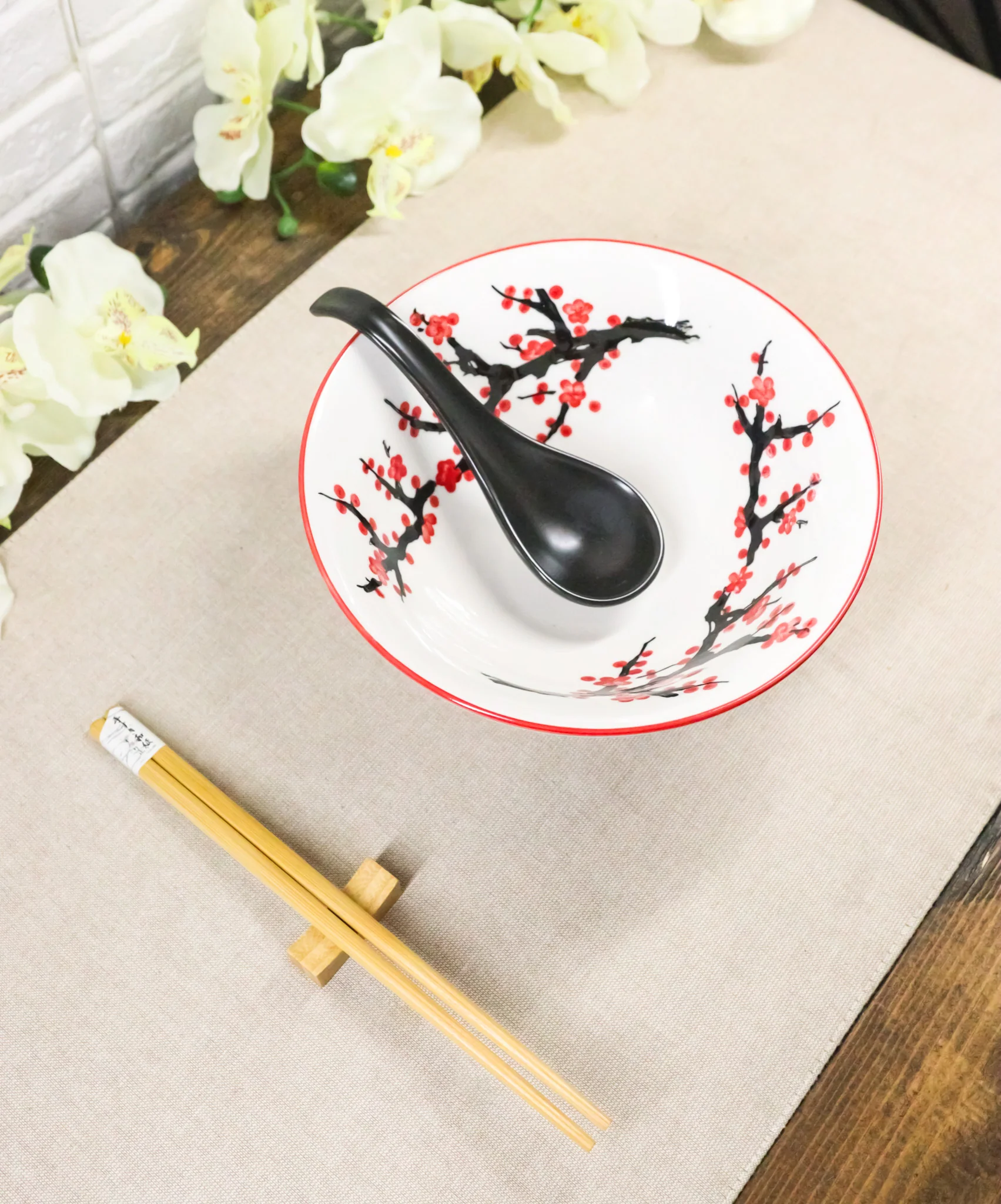 Pink Sakura Ceramic Ramen Rice Bowl With Soup Spoon Chopsticks And Rest Set - Image 11