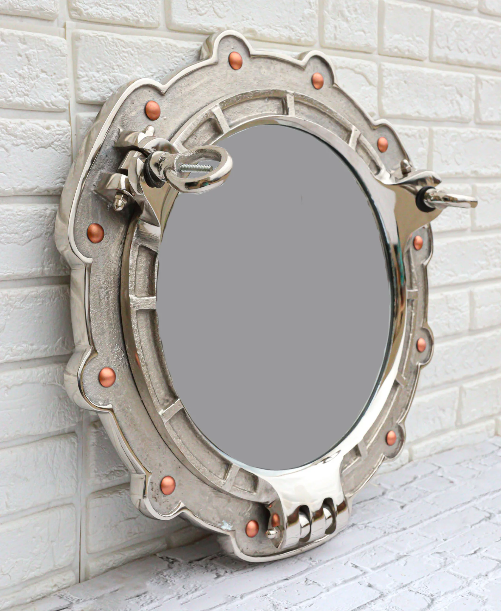Polished Aluminum Nautical Marine Round Ship Porthole Folding Wall Mirror 14.5"D - Image 10