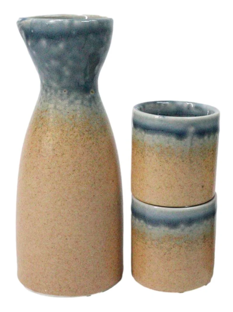 Porcelain Blue And Sand Ao Nagashi Japanese Wine Sake Flask With 2 Cups Set - Image 3