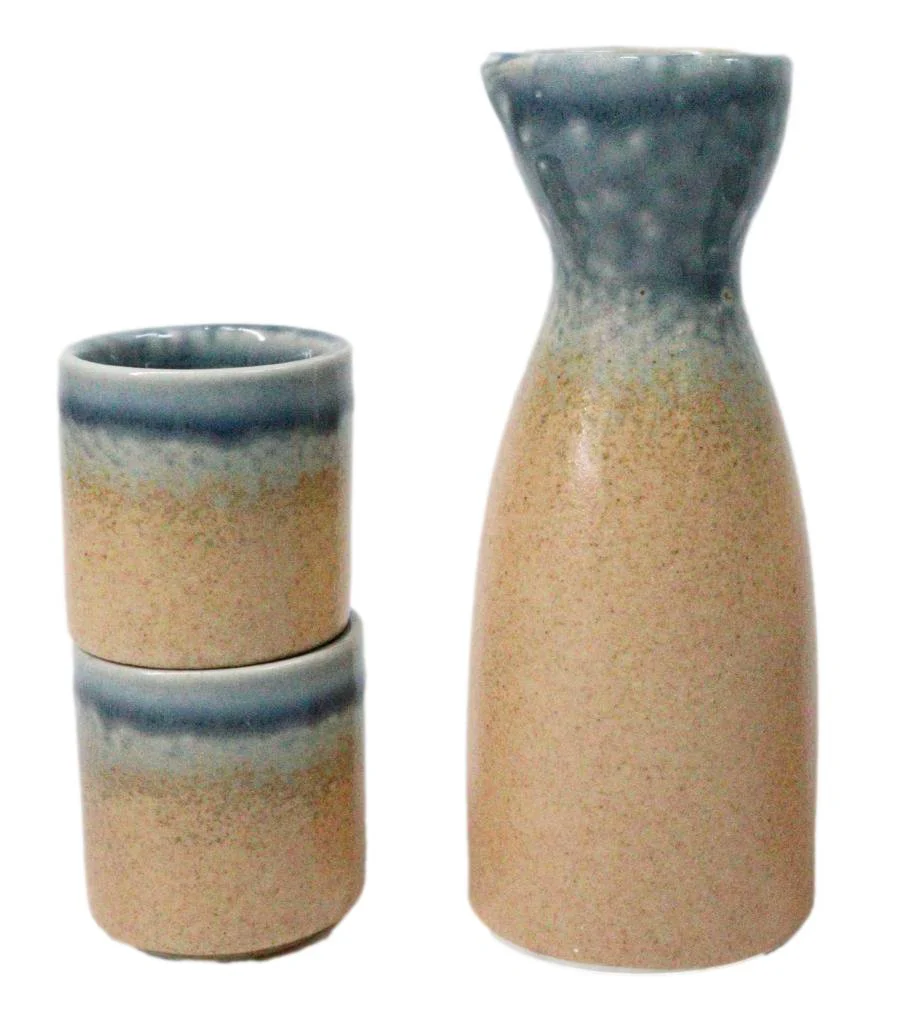 Porcelain Blue And Sand Ao Nagashi Japanese Wine Sake Flask With 2 Cups Set - Image 4