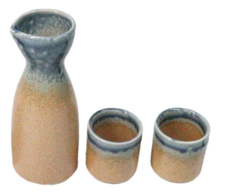 Porcelain Blue And Sand Ao Nagashi Japanese Wine Sake Flask With 2 Cups Set - Image 5