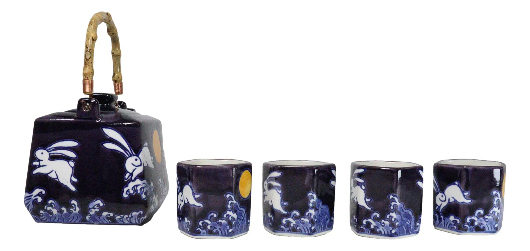 Purple Blue Night Moon White Rabbit Ceramic Hexagonal Teapot With 4 Tea Cups Set - Image 3