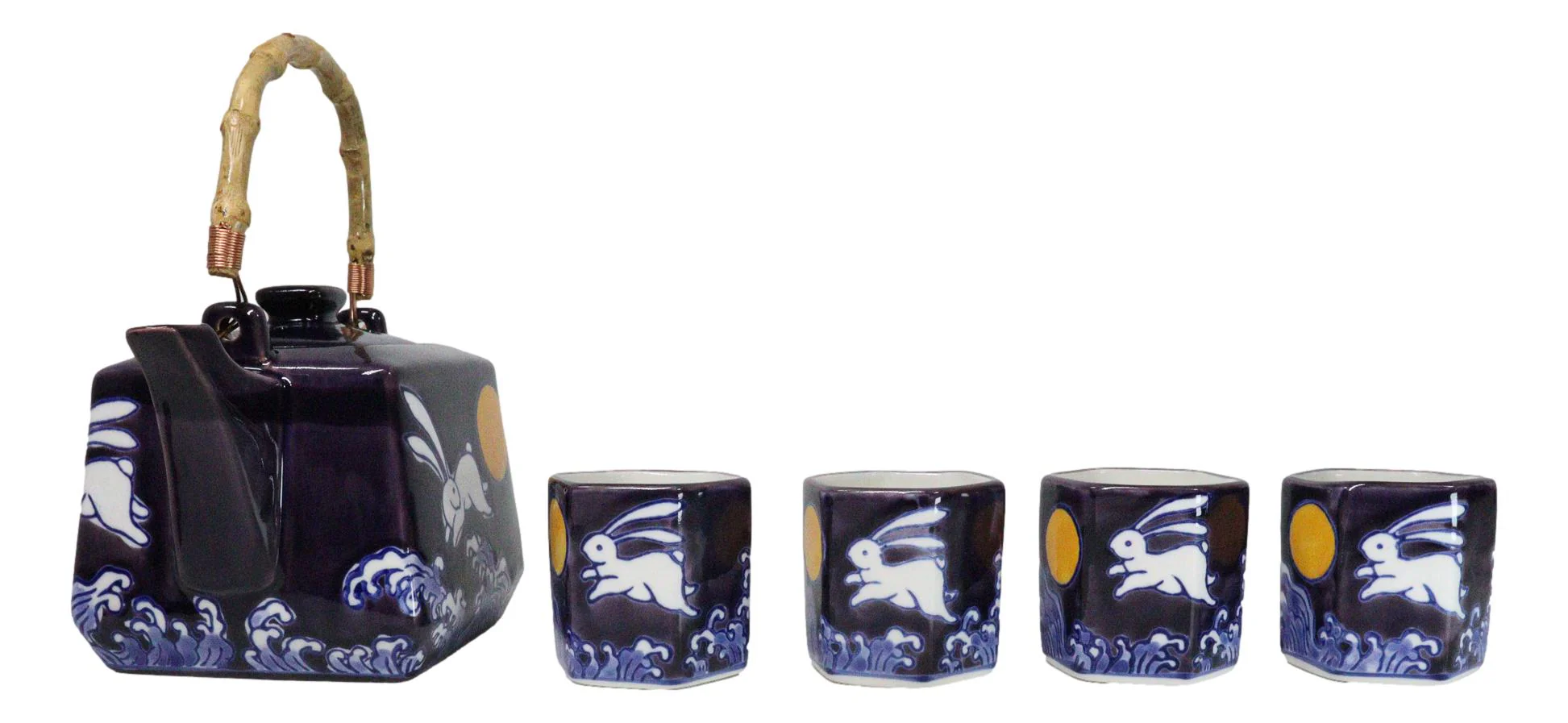 Purple Blue Night Moon White Rabbit Ceramic Hexagonal Teapot With 4 Tea Cups Set - Image 4