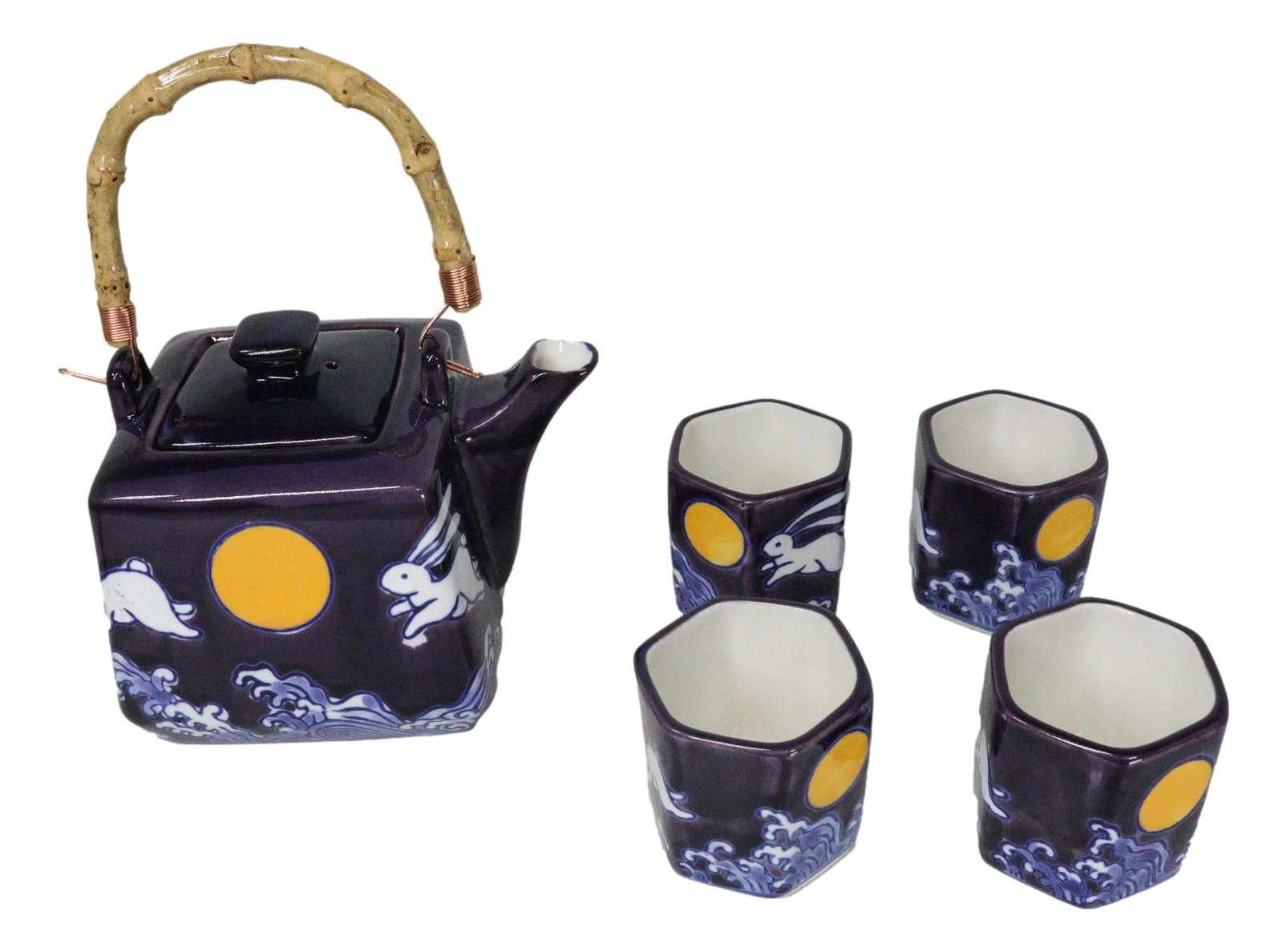 Purple Blue Night Moon White Rabbit Ceramic Hexagonal Teapot With 4 Tea Cups Set - Image 5