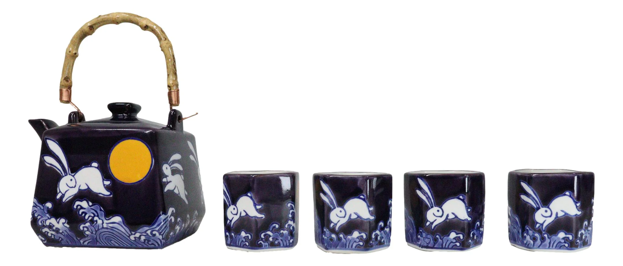 Purple Blue Night Moon White Rabbit Ceramic Hexagonal Teapot With 4 Tea Cups Set - Image 6