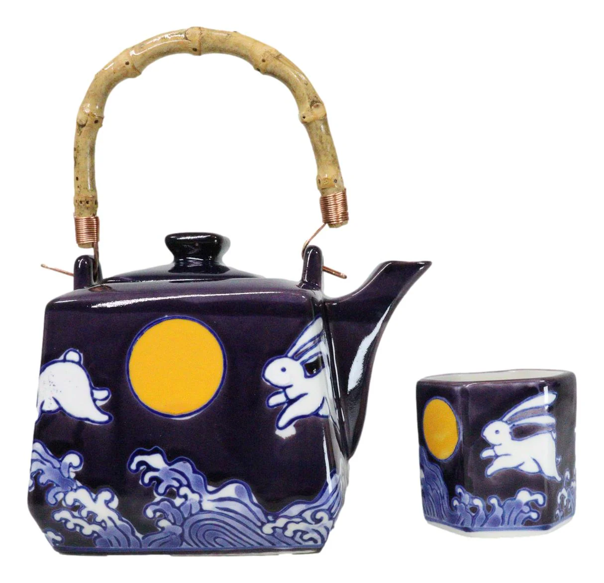 Purple Blue Night Moon White Rabbit Ceramic Hexagonal Teapot With 4 Tea Cups Set - Image 7