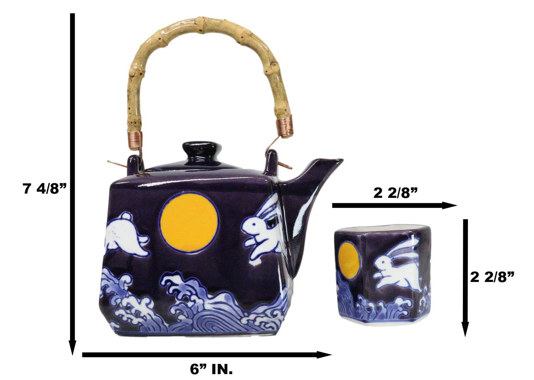 Purple Blue Night Moon White Rabbit Ceramic Hexagonal Teapot With 4 Tea Cups Set - Image 8