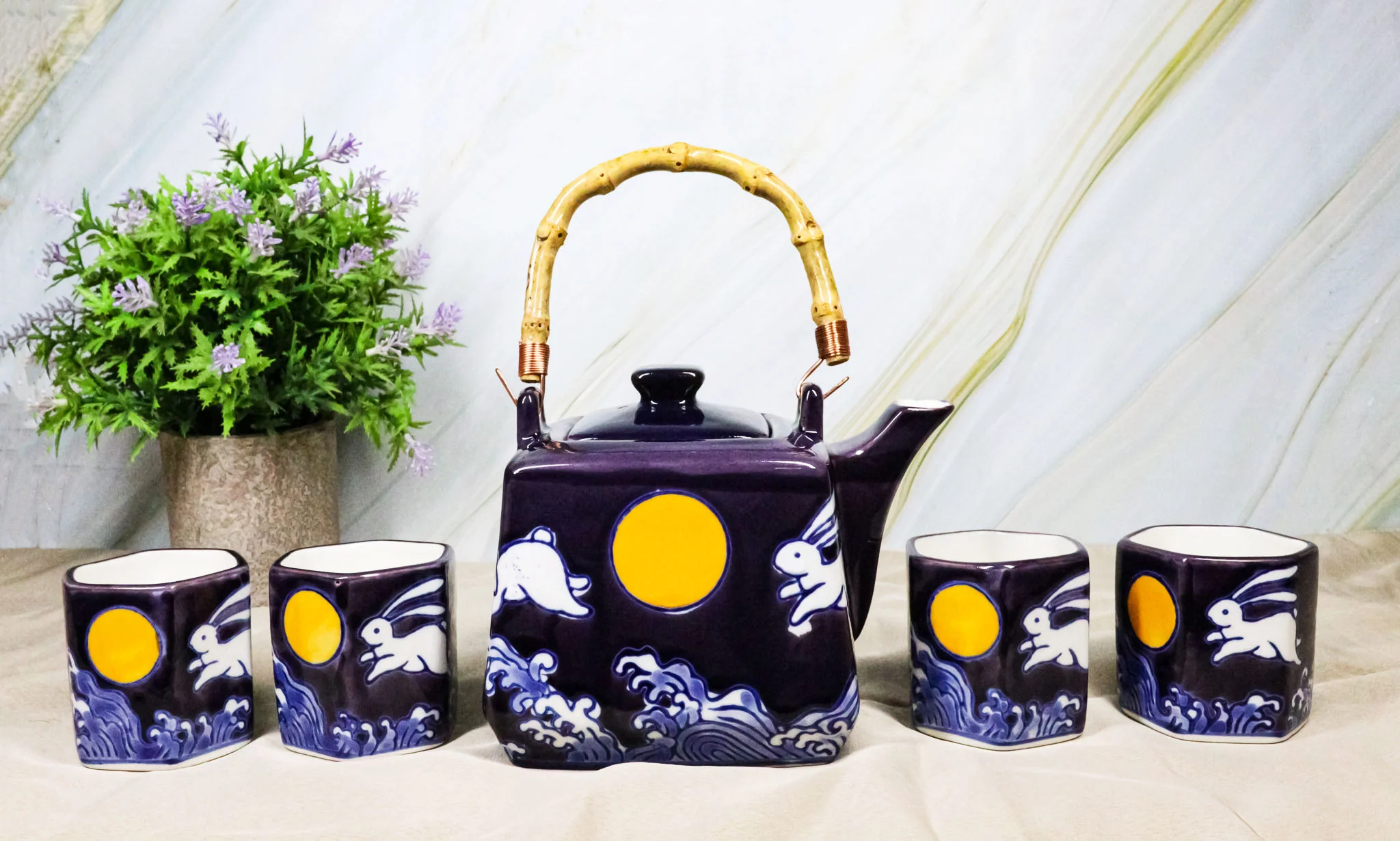 Purple Blue Night Moon White Rabbit Ceramic Hexagonal Teapot With 4 Tea Cups Set - Image 9