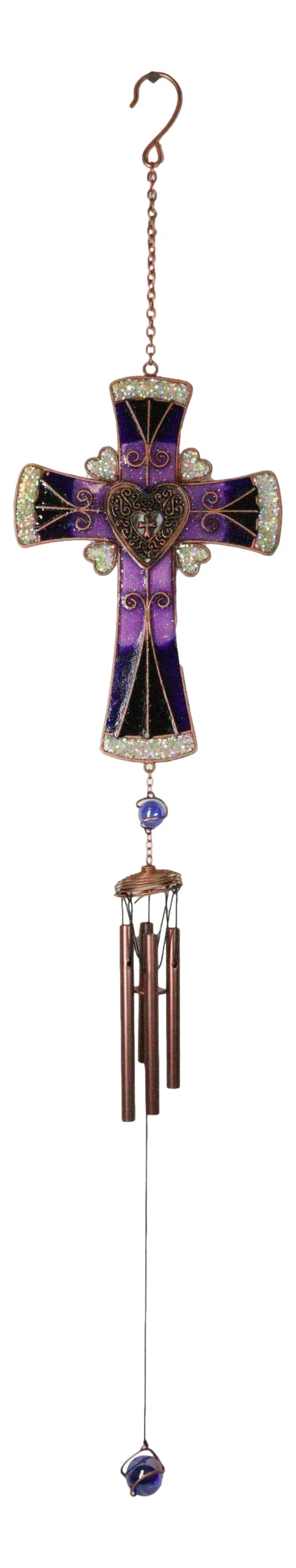 Purple Floral Scroll Hearts Christian Cross Art Glass Metal Resonant Wind Chime - Image 4