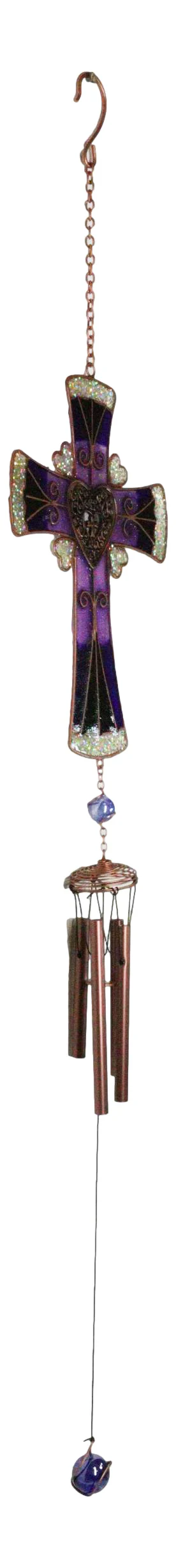 Purple Floral Scroll Hearts Christian Cross Art Glass Metal Resonant Wind Chime - Image 5