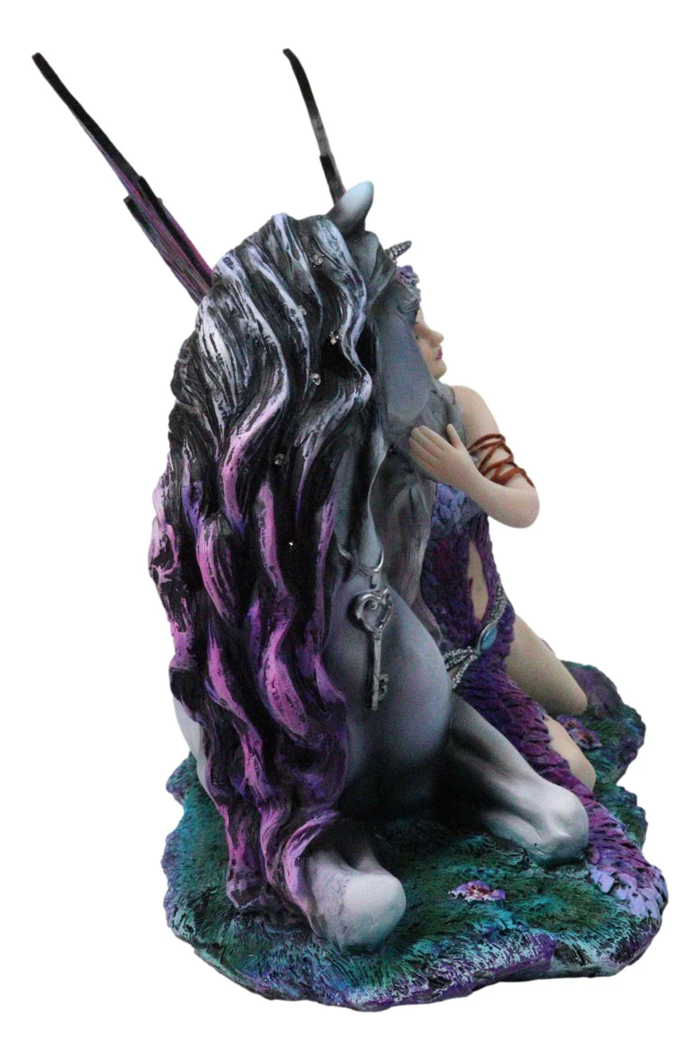 Purple Tribal Fairy Sitting With Midnight Key Lock Dark Unicorn Figurine 14.5"L - Image 3