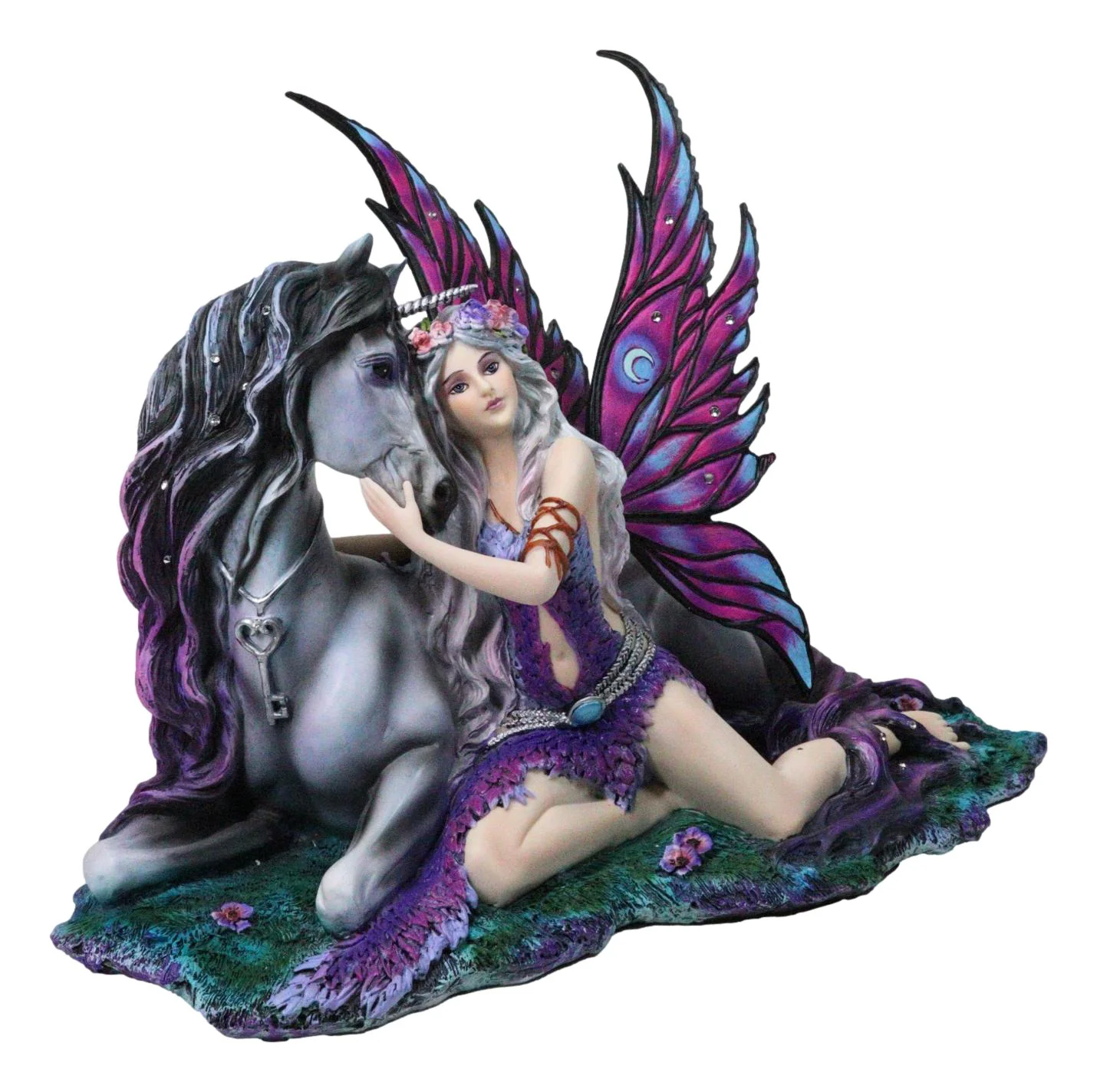 Purple Tribal Fairy Sitting With Midnight Key Lock Dark Unicorn Figurine 14.5"L - Image 5