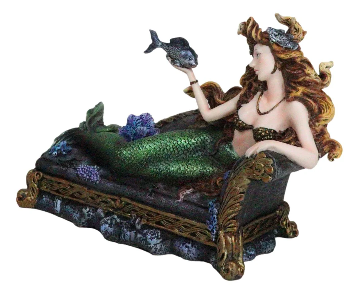 Queen Of Atlantis Siren Mermaid With Fish Resting On Sea Lounge Chair Figurine - Image 2