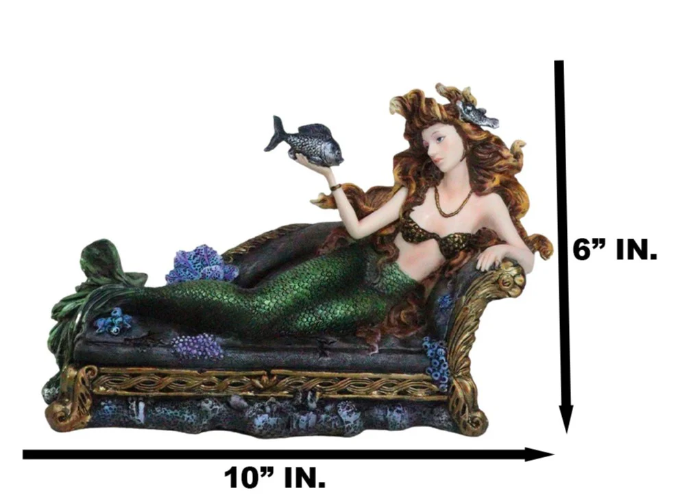 Queen Of Atlantis Siren Mermaid With Fish Resting On Sea Lounge Chair Figurine - Image 3