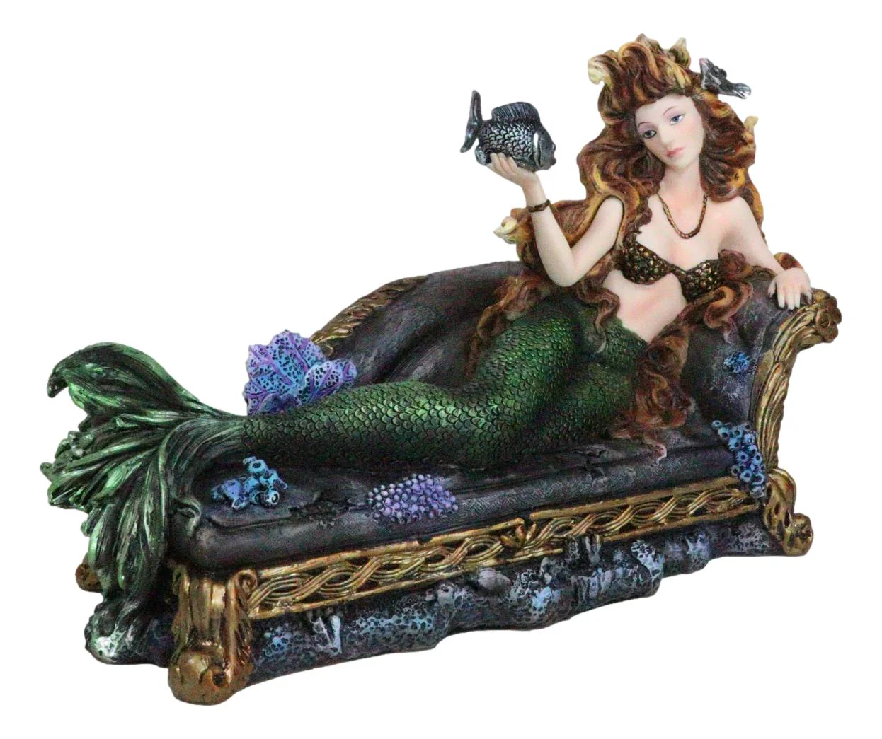 Queen Of Atlantis Siren Mermaid With Fish Resting On Sea Lounge Chair Figurine - Image 4