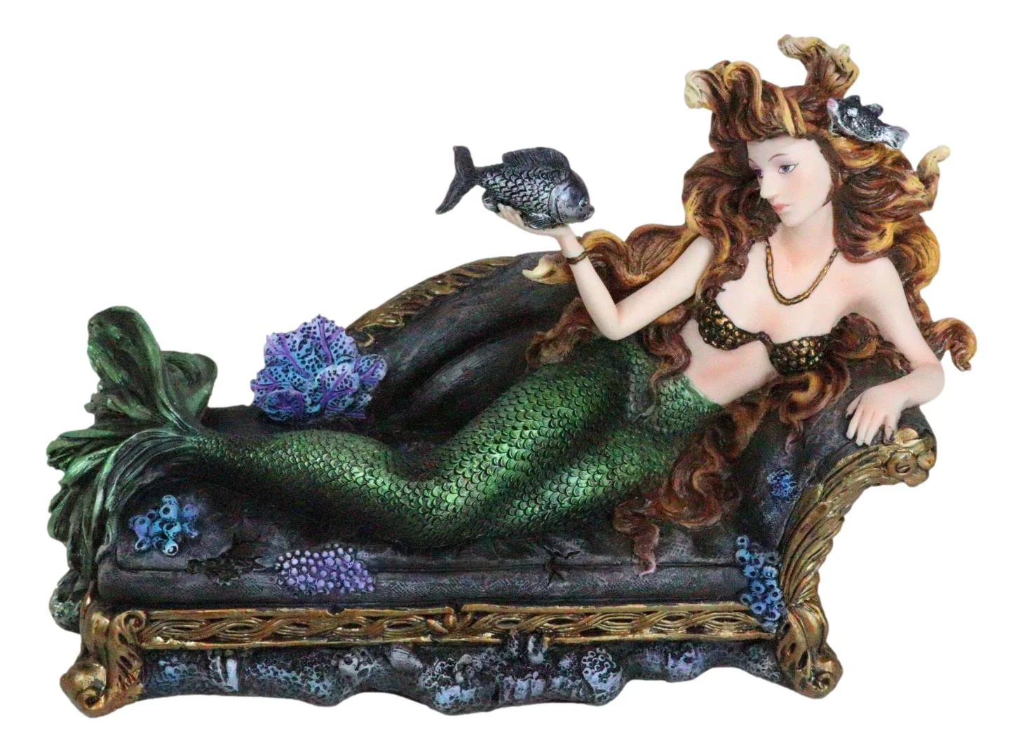 Queen Of Atlantis Siren Mermaid With Fish Resting On Sea Lounge Chair Figurine - Image 7