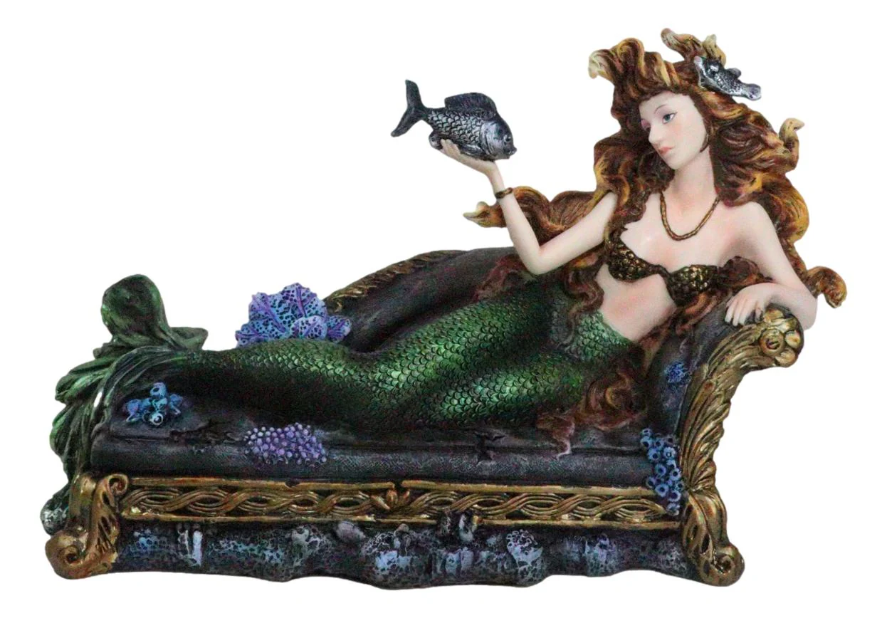Queen Of Atlantis Siren Mermaid With Fish Resting On Sea Lounge Chair Figurine - Image 8