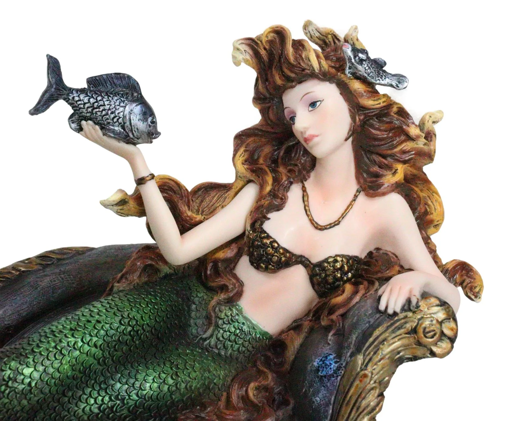 Queen Of Atlantis Siren Mermaid With Fish Resting On Sea Lounge Chair Figurine - Image 9
