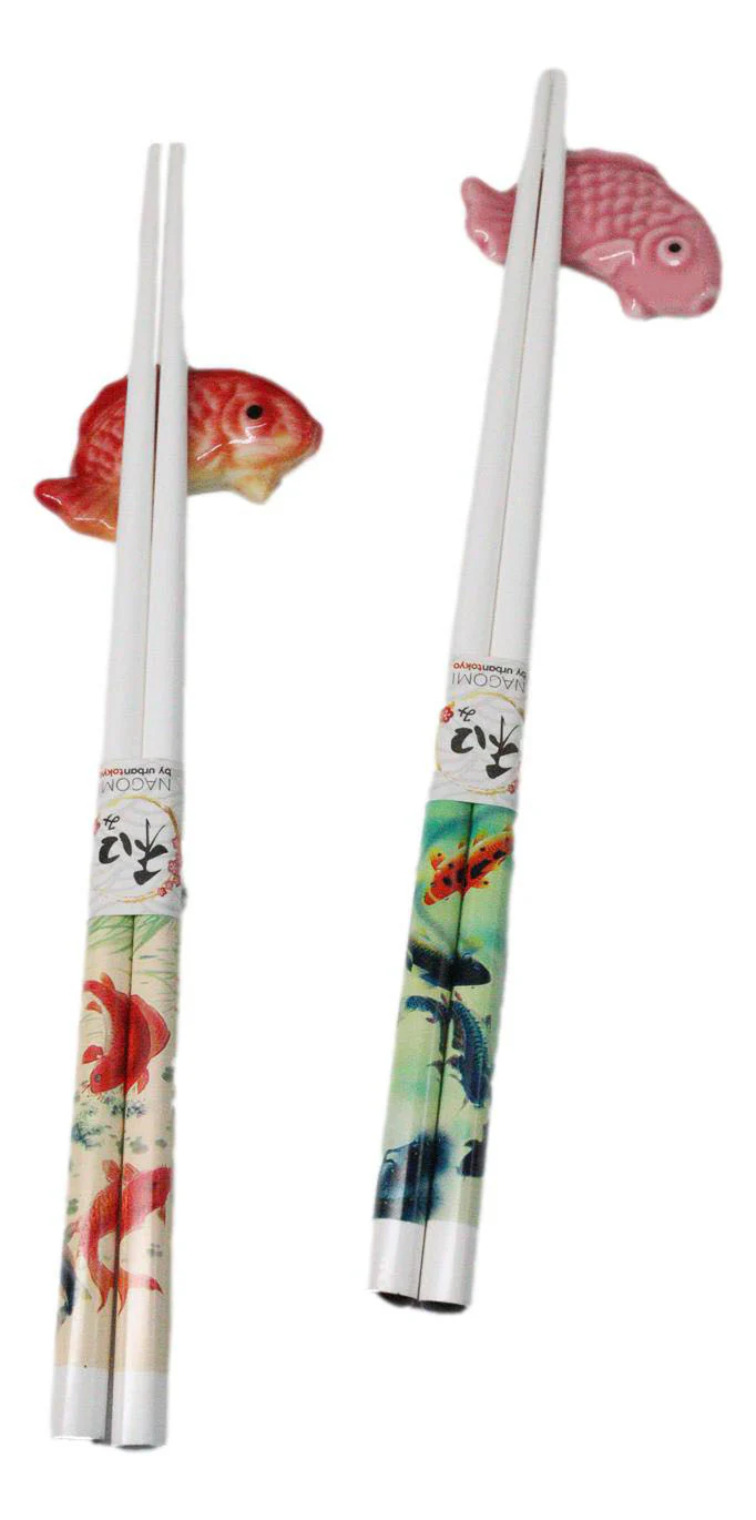 Red And Pink Auspicious Koi Fishes Set of 2 Chopsticks And Ceramic Rests Set - Image 3