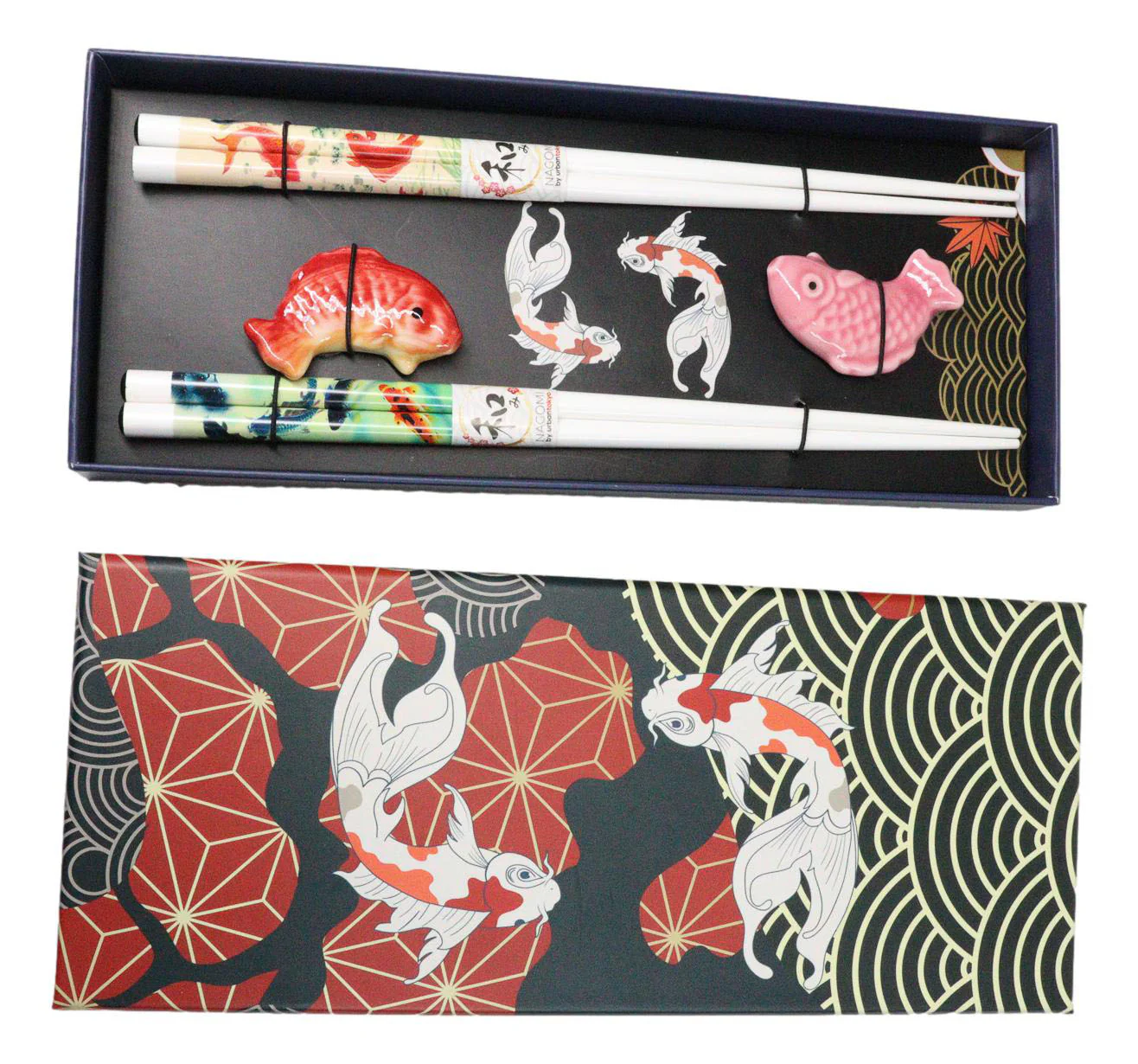 Red And Pink Auspicious Koi Fishes Set of 2 Chopsticks And Ceramic Rests Set - Image 9