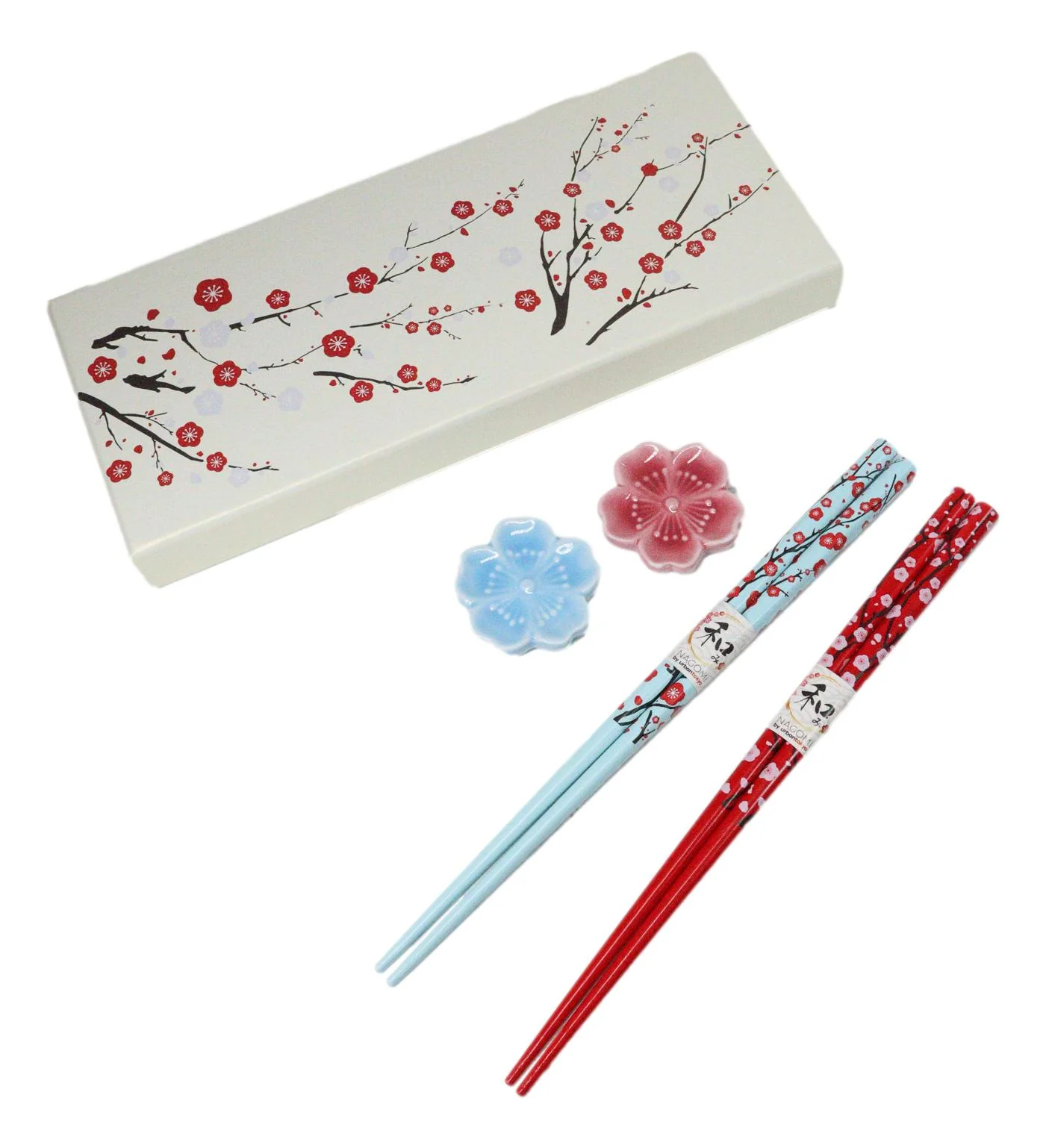 Red Blue Sakura Cerry Blossoms Flowers Set of 2 Chopsticks And Ceramic Rests Set - Image 4