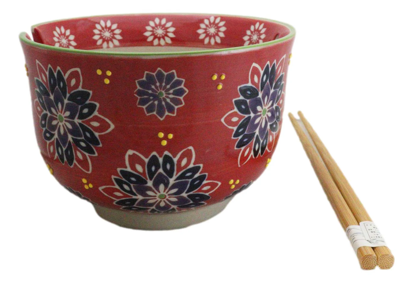 Red Chrysanthemum Floral Art Large 24Oz Donburi Ramen Bowl With Chopsticks Set - Image 4