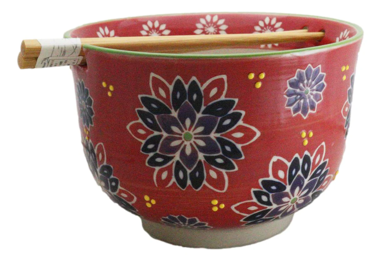 Red Chrysanthemum Floral Art Large 24Oz Donburi Ramen Bowl With Chopsticks Set - Image 5