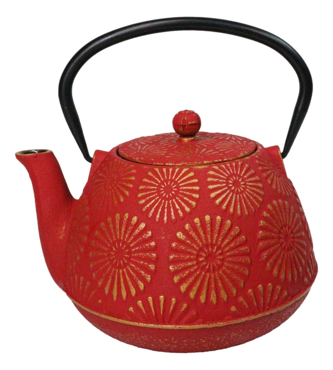 Red Gold Kiku Chrysanthemum Floral Design Large Cast Iron Tetsubin Teapot 40oz - Image 3