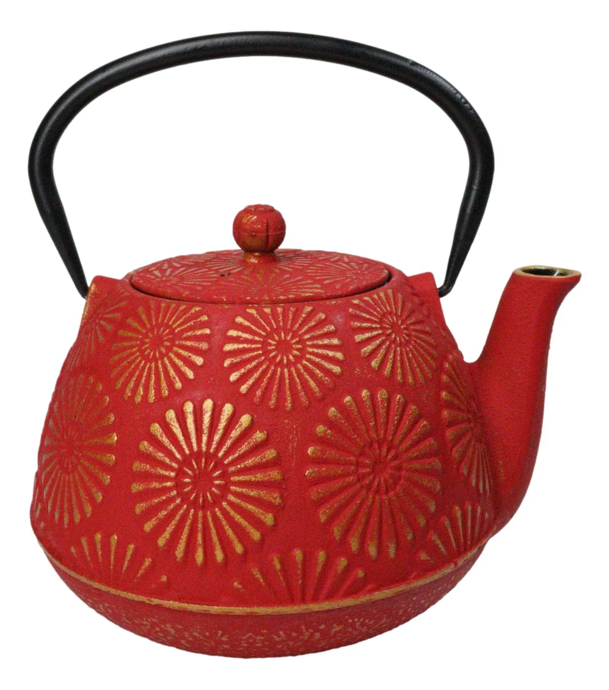 Red Gold Kiku Chrysanthemum Floral Design Large Cast Iron Tetsubin Teapot 40oz - Image 6