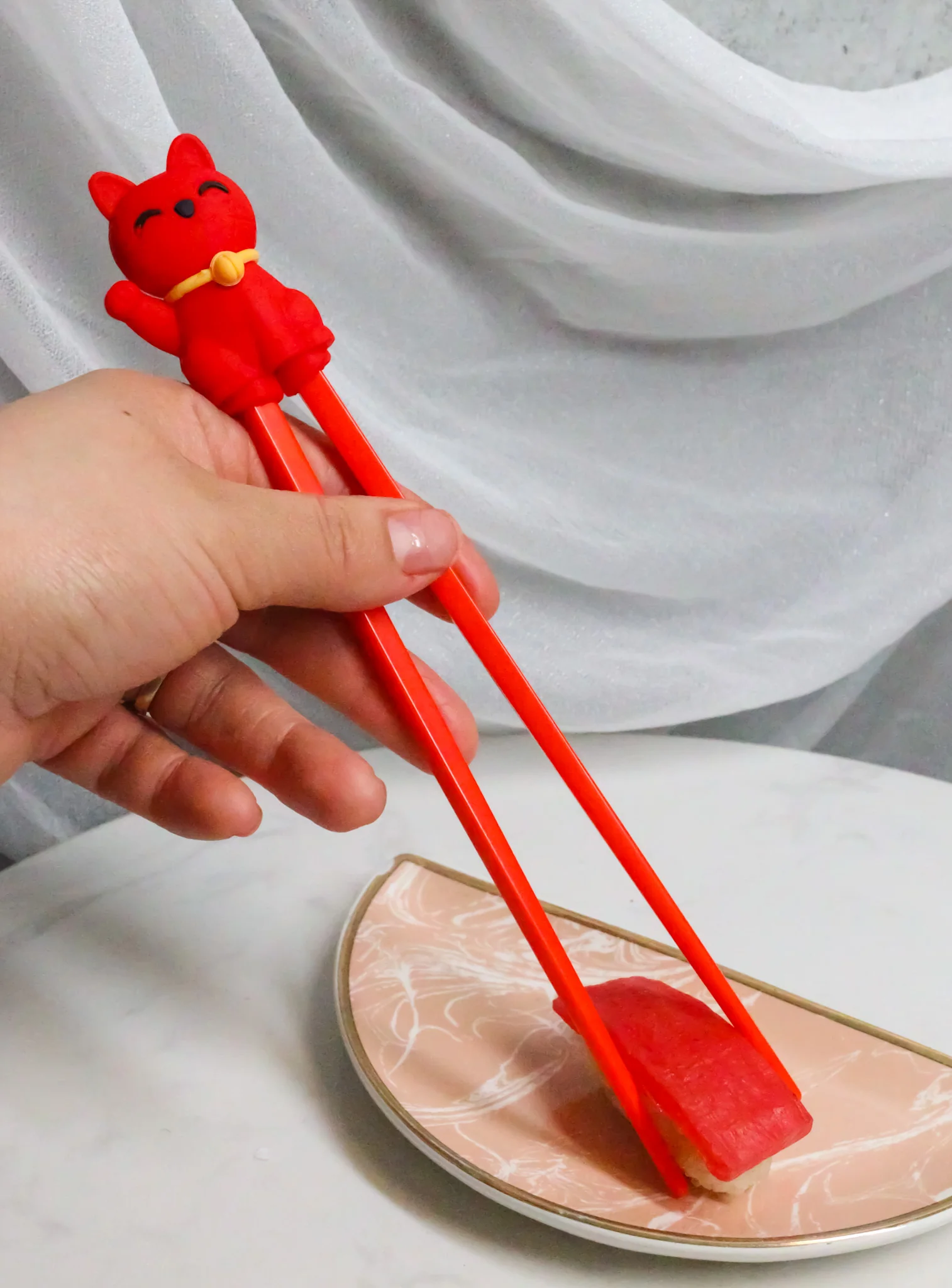 Red Maneki Neko Lucky Cat Reusable Training Chopsticks Set With Silicone Helper - Image 8